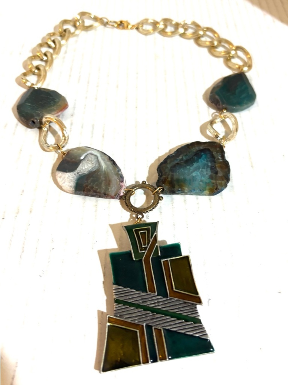 Gold-Tone Necklace with Teal Agate Stones and Geometric Green Pendant